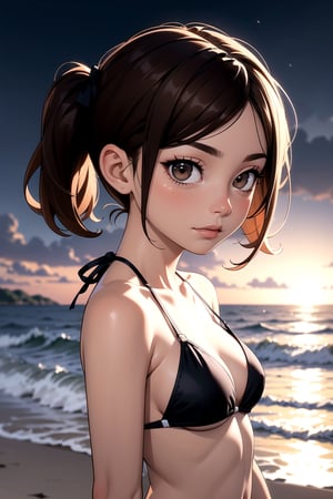 cowboy shot, face portrait, RAW photography, (masterpiece), detailed background, perfect lighting, 1girl, black bikini, night time, brown hair, very short hairstyle, medium breasts, twintails hairstyle, light brown eyes, beach, island,