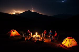 forest, lightning effect, night time, mountain in background, campfire, tent, bird eye view