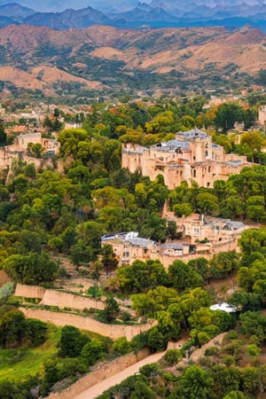 birds eye view of a lonely palace, year 1800AD, huge mountain on the background, canvas painting, dynamic lighting, view from above the palace