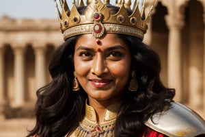 Rajni as an ancient warrior, evil smile, long shot,full view, detailed face, clear skin, palace background, full armour, crown