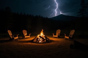 forest, lightning effect, night time, mountain in background, campfire, tent, camera angle from ground level