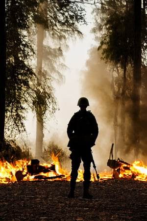 silhoutte of a solo soldier, battlefield, burning bridge in background, vintage look, sharp focus