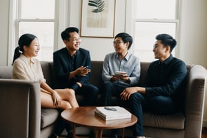 a group of people sitting on top of a couch, inspired by Rudy Siswanto, modern attire, in meeting together, playful vibe