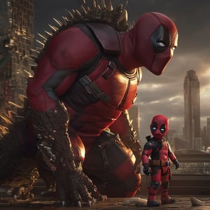 large deadpool and tiny godzilla,  |clear detailed eyes, clear face, intricate details, cinematic lighting|