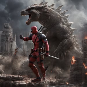 (perfect mix between deadpool and godzilla:1.9), with   black tentacles protruding from his entire body, destroying city, blood, epic, cataclysmic, gargantuan, absurdres, best quality, realistic style