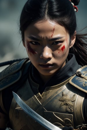  samurai warrior, in a battlefield, torn armor and clothing, holding a katana, close up, fighting in a ferocious battlefield, skin is damaged and bloody |clear detailed eyes, clear face, intricate details, cinematic lighting|