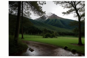 forest,rain, mild lighting, evening, mountain in background, camera angle from ground level