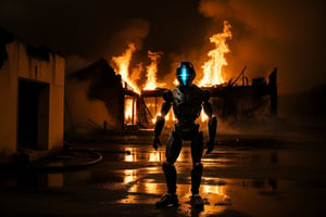 Indian humanoid monster, retro style, burning building in background, rain