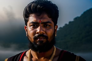 Tamil king, divine, calm face, long shot, fog effect