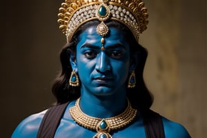 Male hindu god, Lord Krishna, blue skin, calm face, heavy jewels