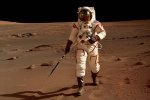 ancient indian warrior, orange space suit, running on mars