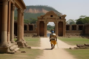 ancient Indian warrior,golden armor, capturing a wild dragon, temple ruins in background