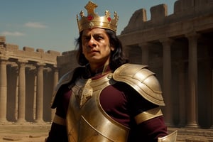 srk as an ancient warrior, evil smile, long shot,full view,palace background, full armour, crown