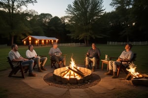 fenced farm, farmhouse, campfire setup in the yard, clear sky, dynamic lighting, people enjoying coffee, clear face, detailed eyes