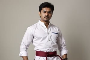 Tamil martial artist in corporate attire, front view, long shot