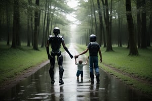 forest, humanoid alien kid playing with another kid, retro style, rain