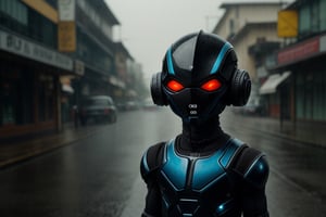 Indian humanoid alien kid, retro style, rain