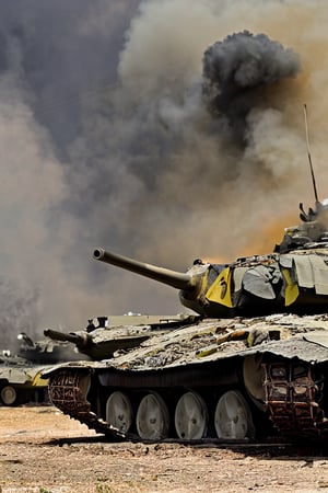 indian soldier, battlefield, burning tank in background, vintage look, sharp focus, view from ground level