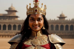 Rajni as an ancient warrior, evil smile, long shot,full view, detailed face, detailed eyes, clear skin, palace background, full armour, crown