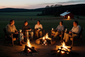 fenced farm, farmhouse, campfire in the yard, mood lighting, people enjoying coffee, clear face, detailed eyes