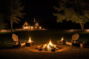 fenced farm, farmhouse, campfire in the yard, mood lighting