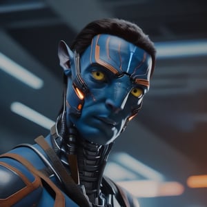 portrait photography shot of omaticaya man as ultron, orange eyes, high detailed, hdr, hq, 4k , short hair blue skin style: bright cinematic lighting