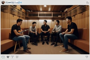 a group of people sitting on top of a couch, inspired by Rudy Siswanto, on a canva, 2 0 1 5 live music video, featured on unsplash, 2 0 1 4. modern attire, in meeting together, sad men, cellar, telegram sticker, coffee shop, playful vibe, vocalist, locker room