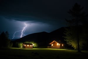 forest, heavy rain, lightning effect, night time, mountain in background, isolated wooden cabin in the far, camera angle from ground level