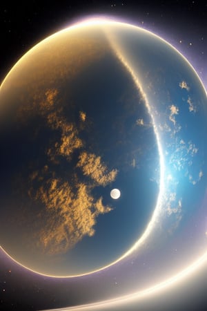 no humans, distant greenish planet, raining, three suns orbit, viewed from space station