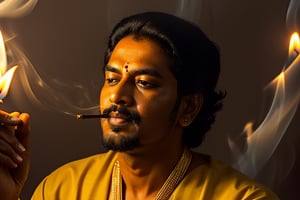 Tamil king, divine, calm face, long shot, incense smoke