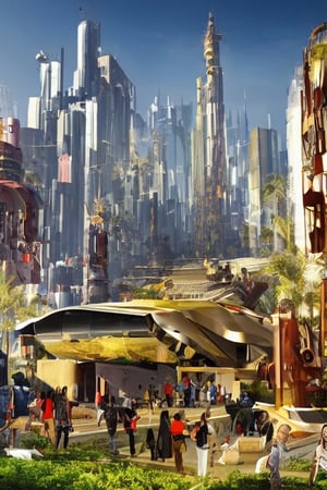 futuristic city, human interacting with robots