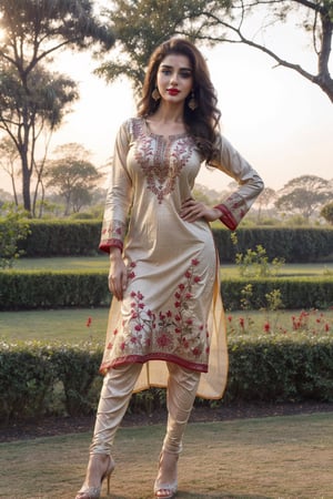 (full body shot:1.5), (Masterpiece:1.1), (beautiful girl in Indian outfits), (standing on garden), 1girl, solo girl, 20 year old woman, ultra realistic face, hyperrealistic, hyperdetailed, (looking at viewers), sharpen, detailed face, detailed eyes, detailed lips, red lips, beautiful face, 16k, FHD, raw photo, pretty face mesh, beautiful hair style, intricate, extremely detailed, (perky breasts, perfect rounded breasts), ultra realistic texture, smooth skin, realistic face, glow lip, glow face, very_high_resolution, natural lighting, natural brightness, perfect figure, fit body, (fancy high heel), hair ornaments, ((Women Embroidered Georgette A-line Kurta, beautiful kurta)), 