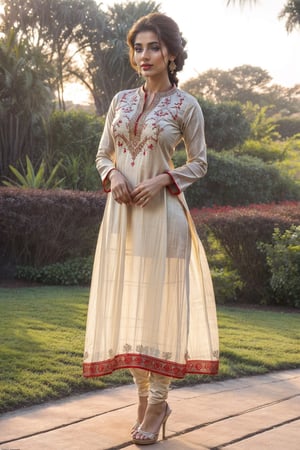 (full body shot:1.5), (Masterpiece:1.1), (beautiful girl in Indian outfits), (standing on garden), 1girl, solo girl, 20 year old woman, ultra realistic face, hyperrealistic, hyperdetailed, (looking at viewers), sharpen, detailed face, detailed eyes, detailed lips, red lips, beautiful face, 16k, FHD, raw photo, pretty face mesh, beautiful hair style, intricate, extremely detailed, (perky breasts, perfect rounded breasts), ultra realistic texture, smooth skin, realistic face, glow lip, glow face, very_high_resolution, natural lighting, natural brightness, perfect figure, fit body, (fancy high heel), hair ornaments, ((Women Embroidered Georgette A-line Kurta, beautiful kurta)), 