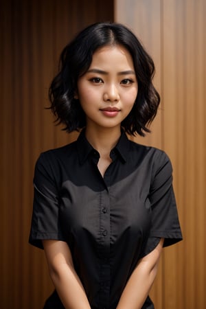  A beautiful sundanese girl wearing black shirt, short wavy hair, portrait style, Looking at the camera, ulta realistic, detailed, clear focus, deep focus, mouth closed, full body shot