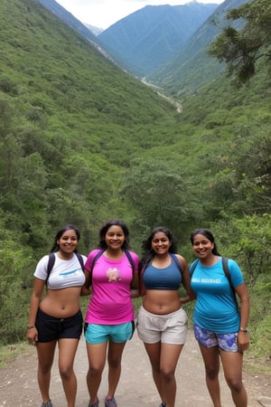 gang of 35 year old indian women, trekking, natural breasts, cleavage, wide angle, navel, tshirt and shorts, shouting in happiness
