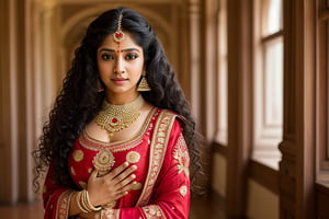 35 year old Indian women in traditional attire in palace, long curly hair, detailed face, long shot, fantasy story,clear face, dance pose