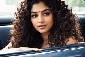 35 year old Indian women sitting in car, long curly hair, detailed face, long shot, clear face, dance pose