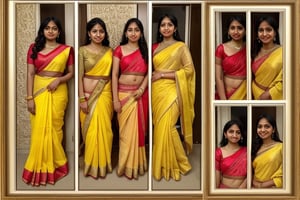 split into 3 frames,frame 1-yellow saree indian woman, frame 2-red saree indian woman, frame 3-group of teenage girls