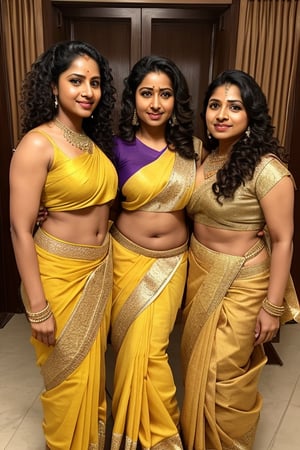 35 year old fierce tamil dancer woman, purple saree,  wearing yellow cotton saree with her 30 year old twin sisters,natural breasts, cleavage, thick waist, long curly brown hair, mild jewels, front view, six pack abs, sexy blouse