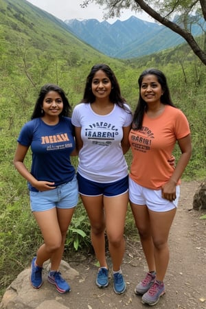 gang of 35 year old indian women, trekking, natural breasts, cleavage, wide angle, tshirt and shorts