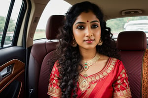 35 year old Indian women in traditional attire in car, long curly hair, detailed face, long shot, fantasy story,clear face, dance pose