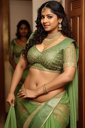 35 year old seductive tamil dancer woman in dance costume, netted saree,  wearing green transparent cotton saree with 5 of her 30 year old  friends standing nearby, natural breasts, cleavage, thick waist, long curly brown hair, antique jewels, front view, eight pack abs, sexy blouse