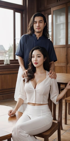 lovely couples,1girl,1man,sexy woman with deep cleavage, clear wet navel, beautiful eyes, perfect body,long hair,short hair,both sitting on chair,on a table,holding hands, romantic mood, romantic date,black blue shirt,white pants,black skirt,aodai