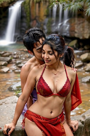 Day scene, extreme close up photo of a latina from top view, lying on a big rock and exposing boobs under waterfalls, wearing wet red bra and saree, perfect figure, wet navel, wet swooping breasts, deep cleavage, ponytail, necklace, look at viewer and smile, (cinematic:1.3), intricate details, boyfriend kissing indian woman from behind,  boyfriend groping indian woman