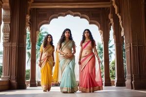 35 year old Indian women in traditional attire in palace, long curly hair, additional teenage twin sisters in transparent saree, clear face, long shot, fantasy story,clear face, dance pose
