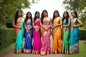 twenty strong Indian female princesses, sexy colourful saree, long curly hair,  teenage twin sisters in saree, long shot, fantasy story,clear face, dance pose