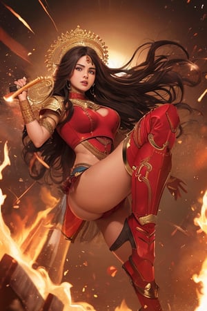 35 year old fierce tamil warrior woman, red armour,kicking midair, natural breasts, cleavage, thick waist, long curly brown hair, no jewels, front view, looking sideways