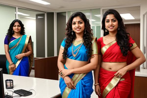 multiple strong Indian female queens in corporate attire in office, long curly hair,  teenage twin sisters in saree, clear face, long shot, fantasy story,clear face, dance pose