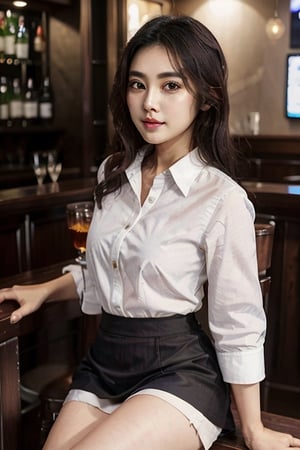 There is a woman sitting in a bar wearing a skirt and white shirt, in a white shirt, fine white shirt, gorgeous chinese model, Smooth white tight clothes suit, photo taken with sony a7r, in a white shirt, White blouse, goddess of Japan, taken with canon 5d mk4, wearing in shirt, elegant pose, Korean Girl
