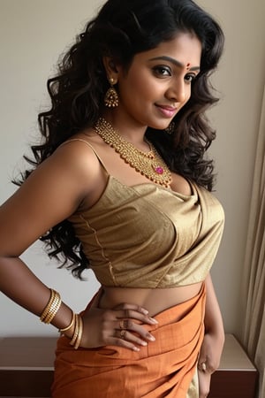 35 year old tamil woman, brown saree, natural breasts, cleavage, thick waist, curly hair, mild jewels, seductive look, sexy blouse, side view
